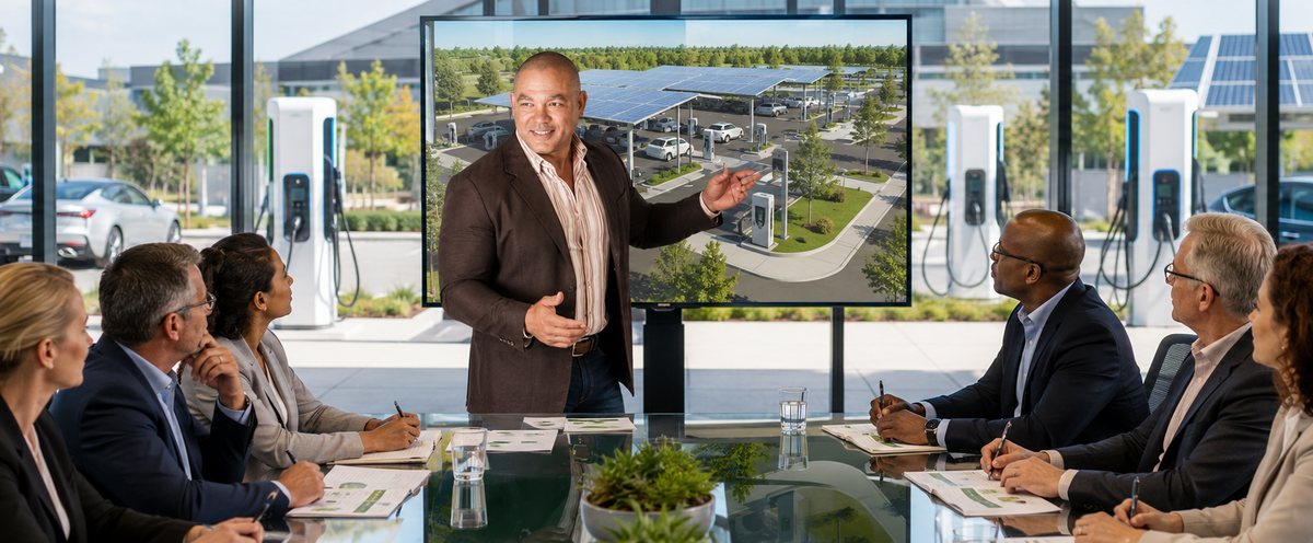 Presentation of a solar-canopy EV charging plaza design to executives in a boardroom overlooking live charging bays